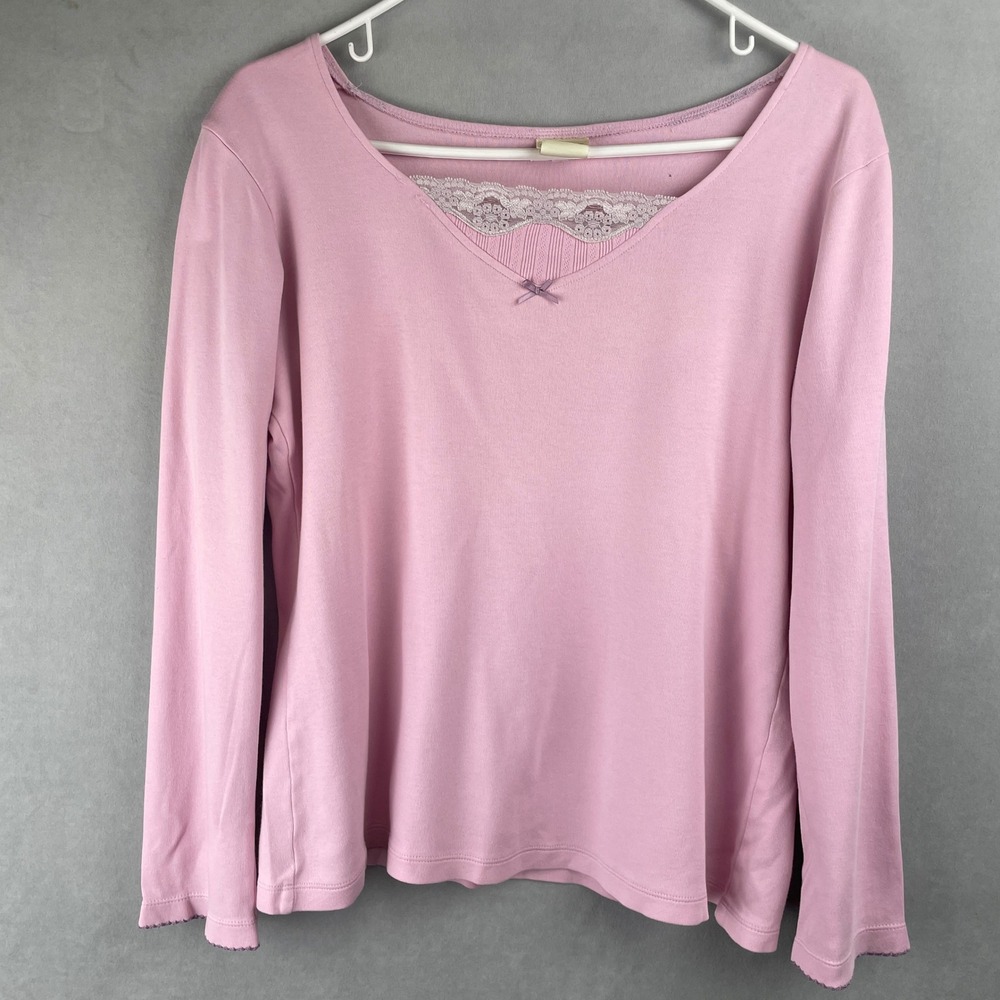 Vintage Cherokee Wmn Long Sleeve Pink Lace Trim Bow Cotton Pajama Top Ballet S